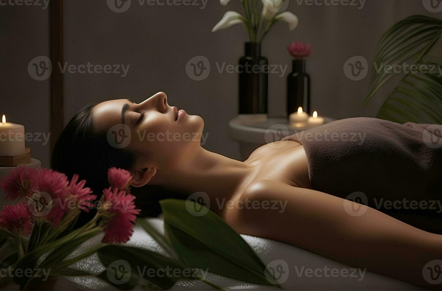 AI generated beautiful woman undergoing Therapy and bathing treatment in spa studio photo