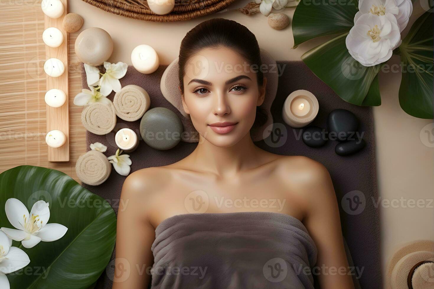 AI generated beautiful woman undergoing Therapy and bathing treatment in spa studio photo