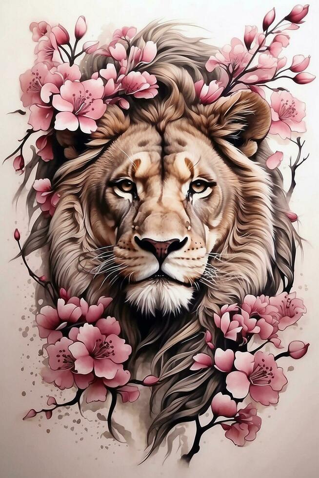 AI generated Amazing Tattoo Style Realistic Lion with Japanese Cherry Blossom Art photo