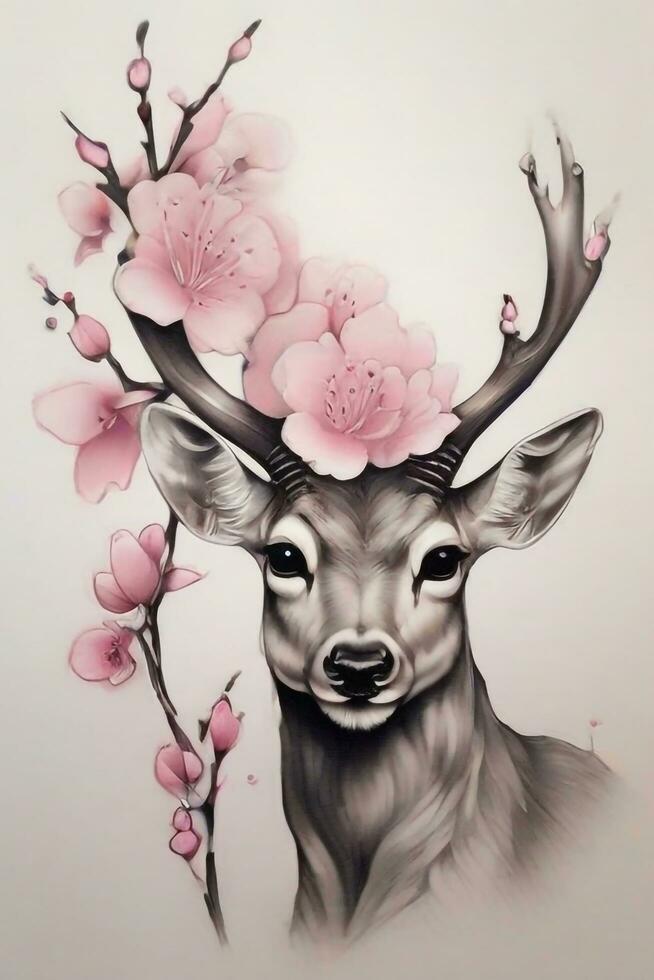 AI generated Amazing Tattoo Style Realistic Deer with Japanese Cherry Blossom Art photo