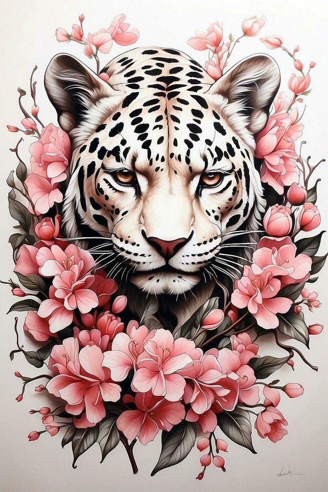 AI generated Amazing Tattoo Style Realistic Jaguar with Japanese Cherry Blossom Art photo