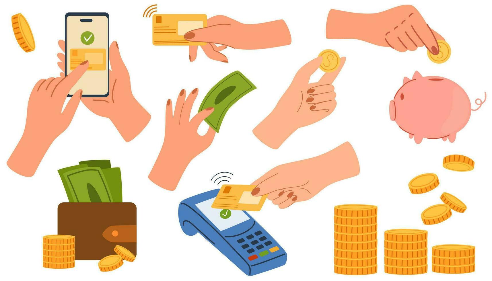 Hands holding money set. Arms with coins, banknotes, bank cards, dollar and euro bills, paying, counting, giving currency. Finance icons. Vector illustration isolated on white background