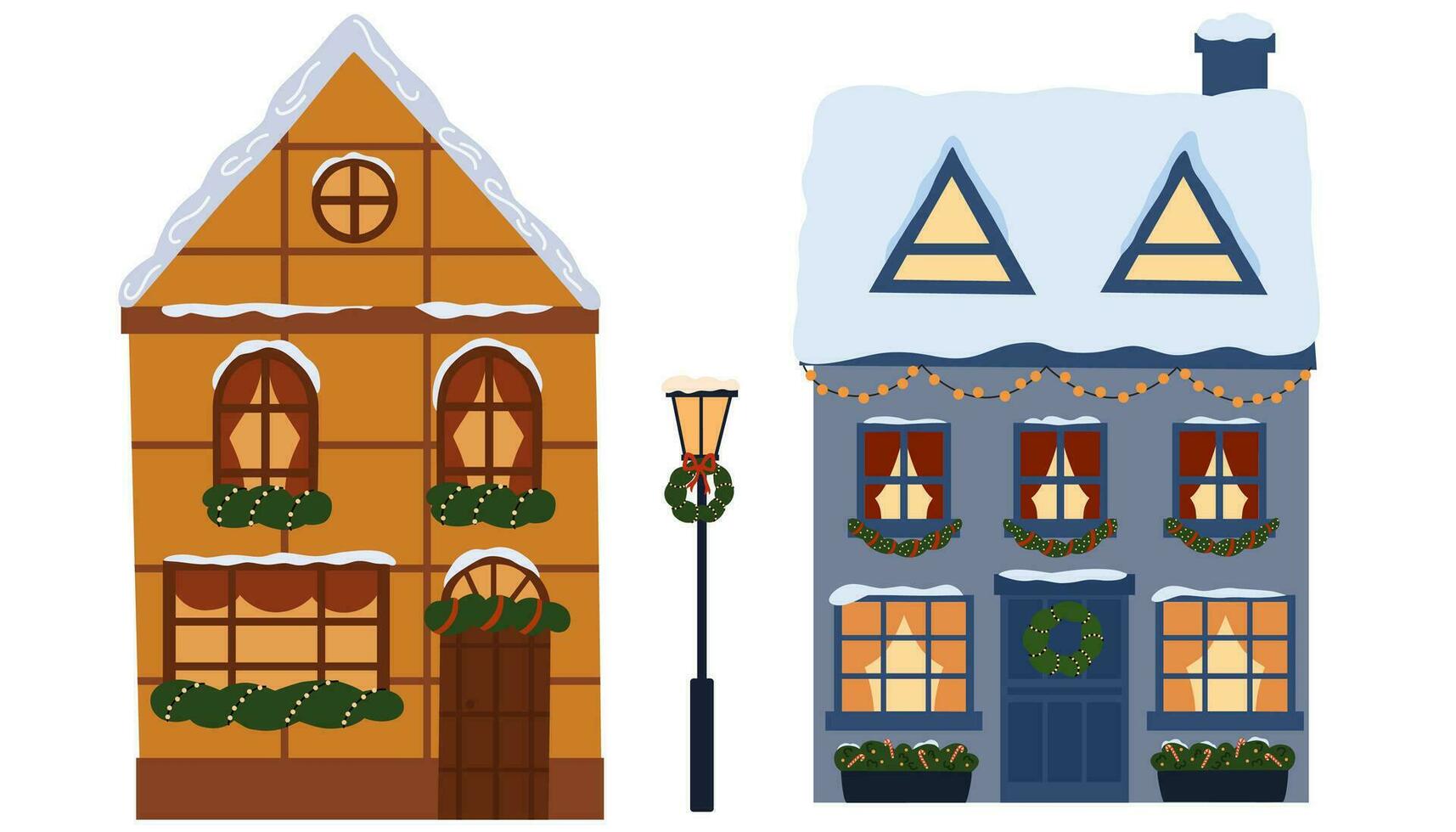 Winter Christmas house set. European houses building with Christmas decoration on facade. Cute flat home with snow on roof, decorated for Xmas, winter holiday. Vector illustration