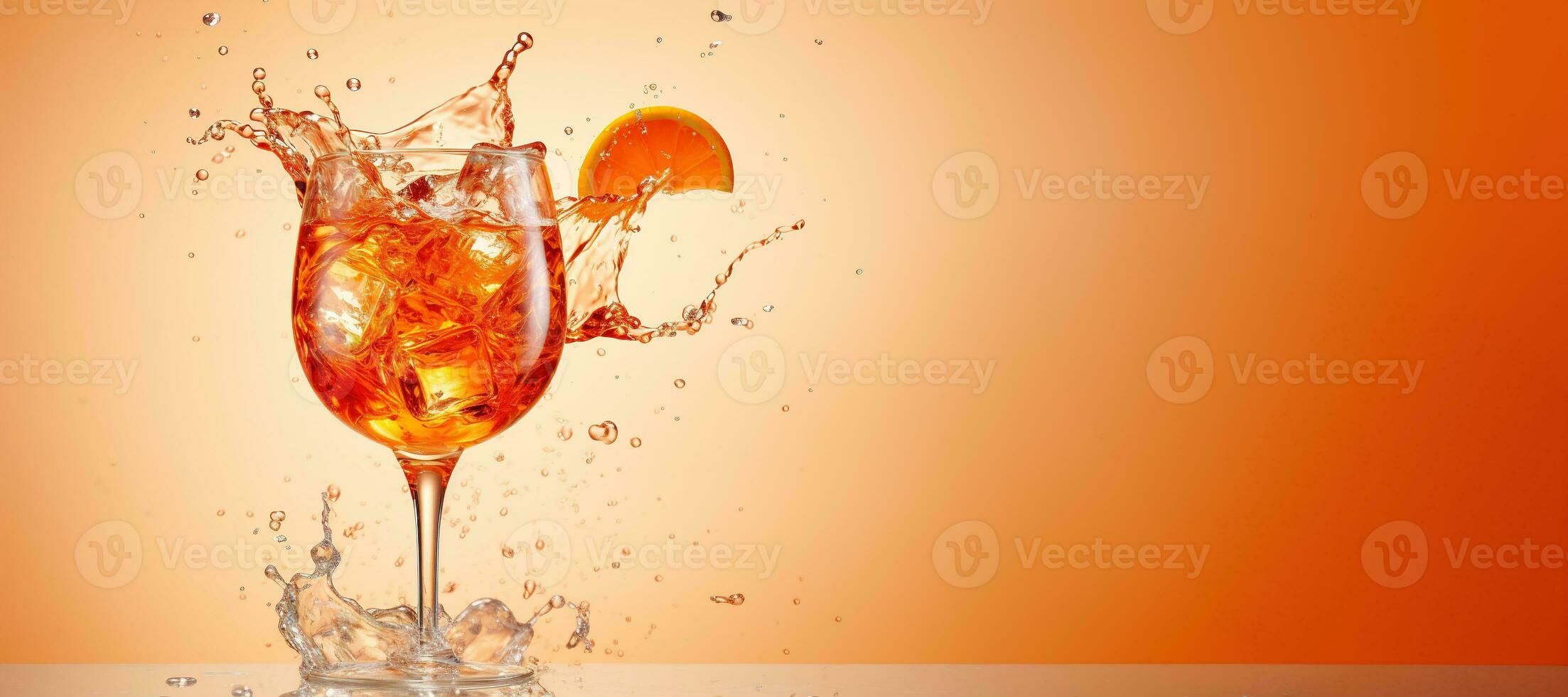AI generated Generative AI, glass of Aperol Spritz on neutral background with splashes, copy space for advertising photo