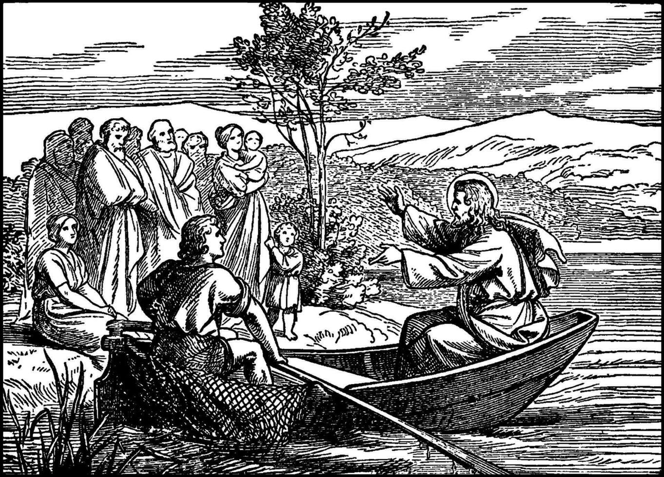 Jesus Teaches the Multitude on the Shore While He Sits in a Boat vintage illustration. vector