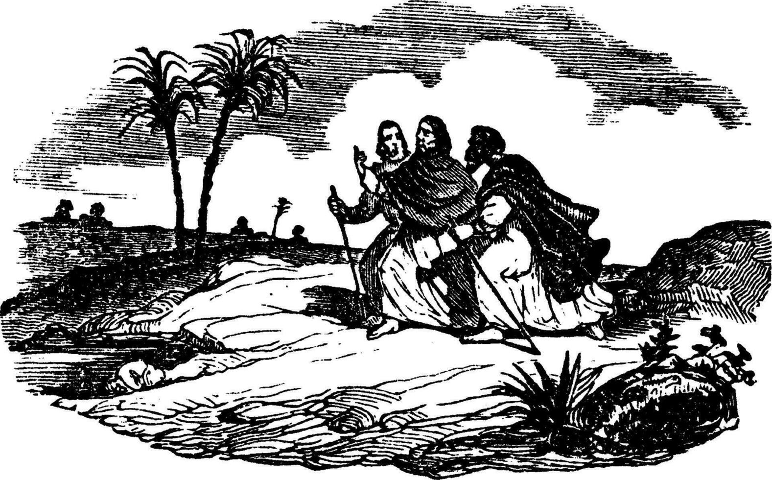 Jesus Appears on the Road to Emmaus vintage illustration. vector