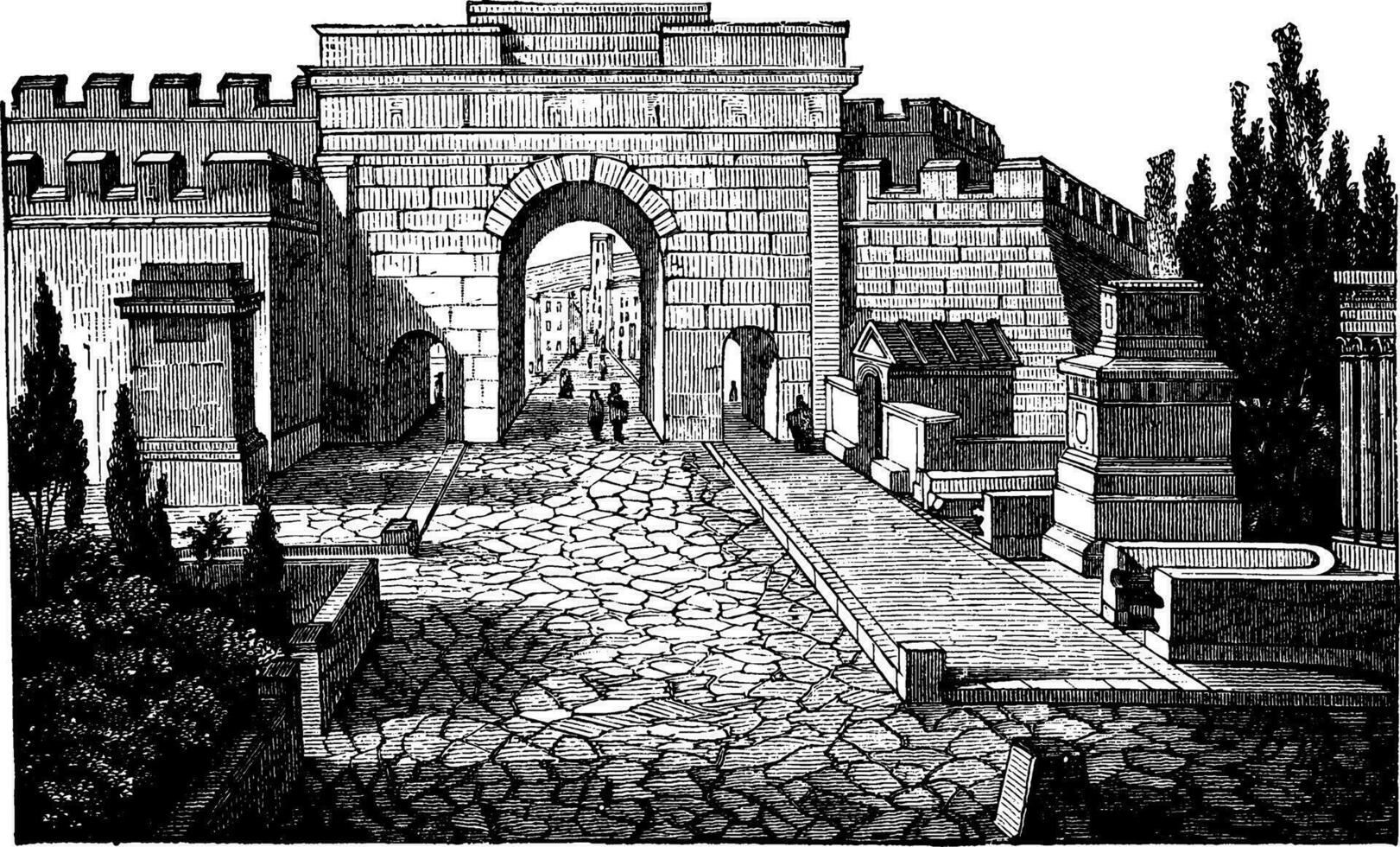 calle de tumbas a Pompeya, menor dimensiones varios formularios, Clásico grabado. vector