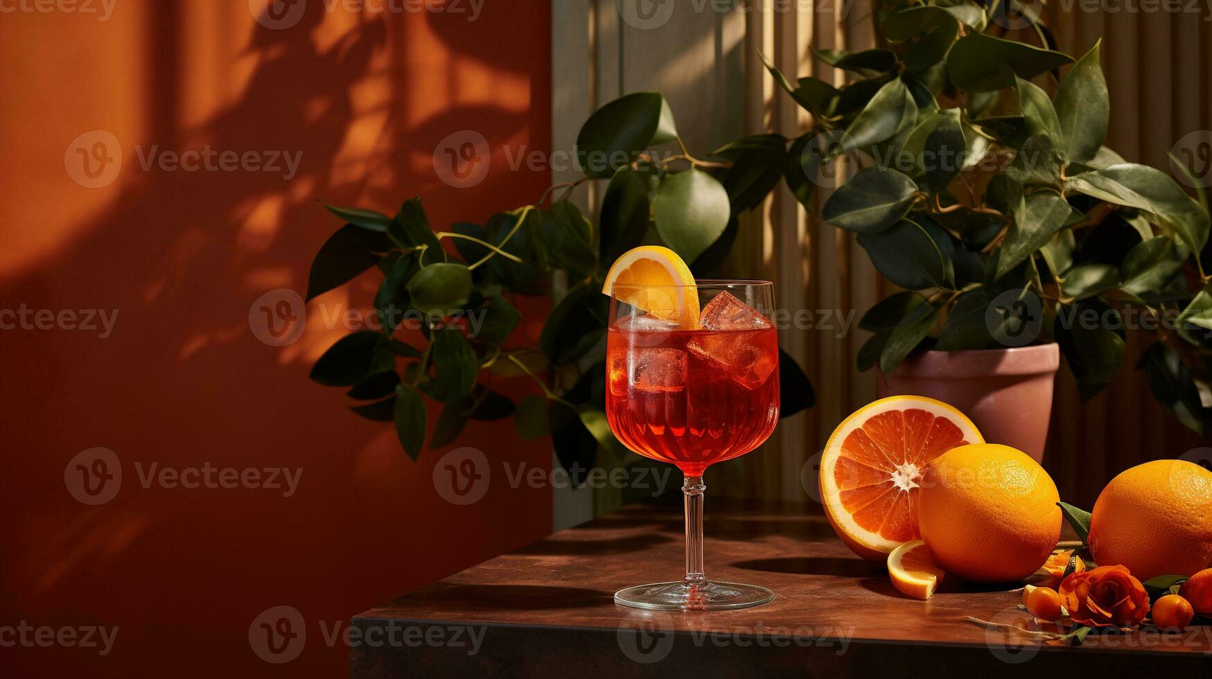 AI generated Generative AI, glass of Aperol Spritz on wooden table with sun lights and shadows, aesthetic muted colors photo