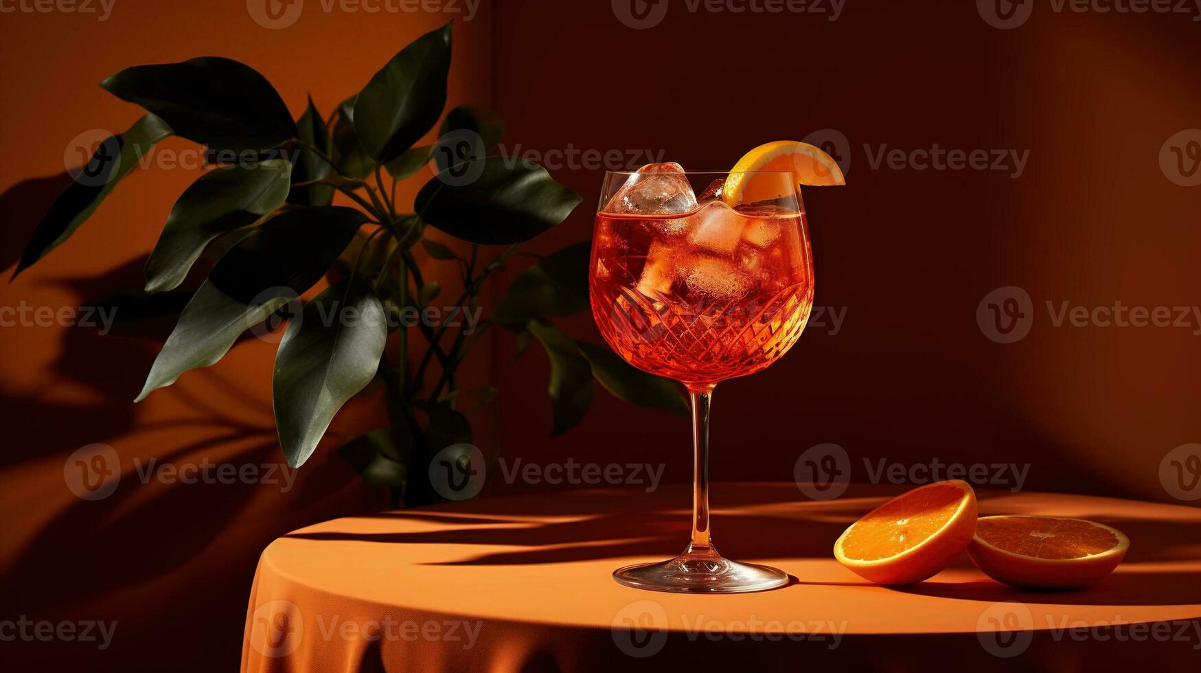 AI generated Generative AI, glass of Aperol Spritz cocktail on wooden table with sun lights and shadows, aesthetic still life photo