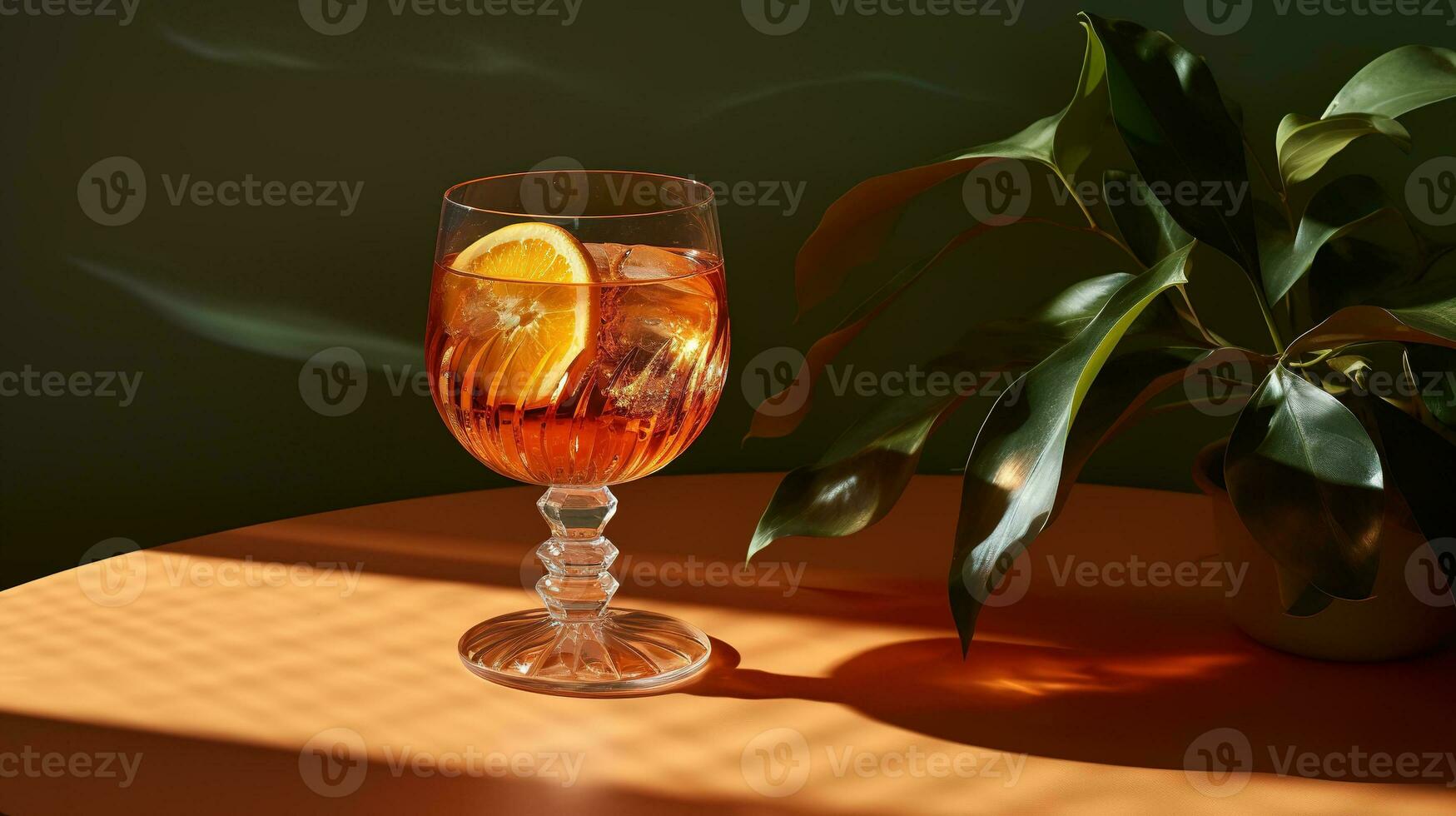 ai generado generativo ai, vaso de aperol rociar cóctel en de madera mesa con Dom luces y oscuridad, estético todavía vida foto