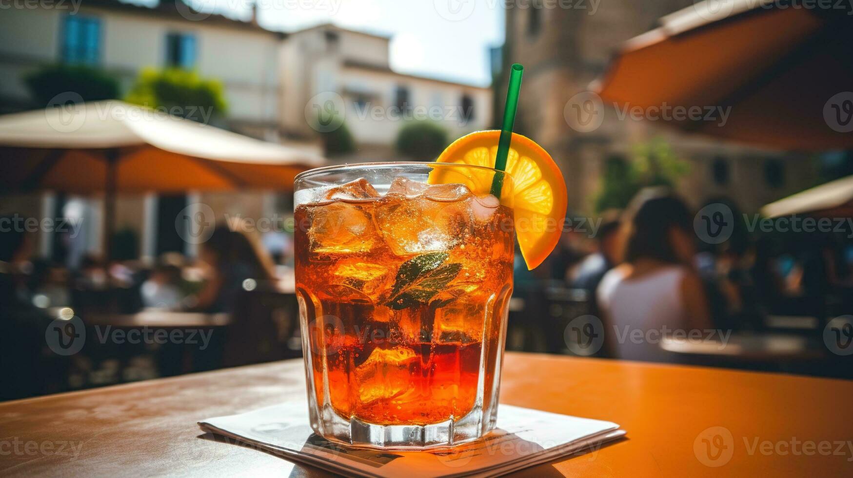 AI generated Generative AI, glass of Aperol Spritz on wooden table with blur background with lights of street bar, cafe or restaurant photo