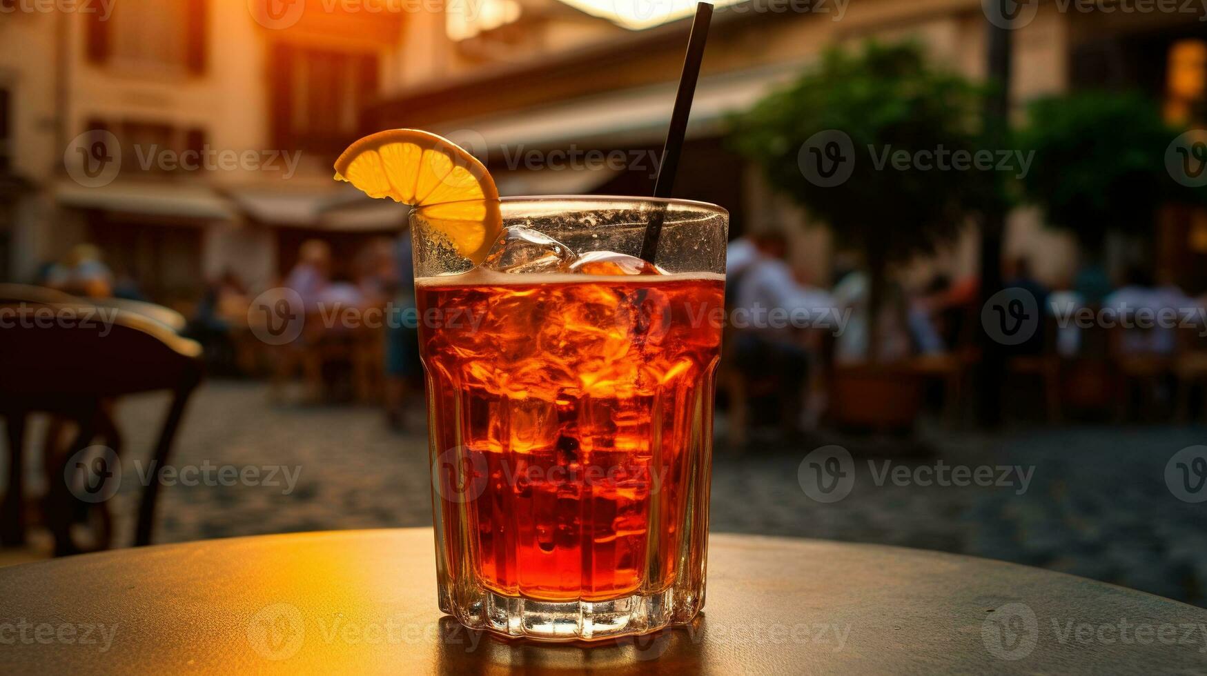 AI generated Generative AI, glass of Aperol Spritz on wooden table with blur background with lights of street bar, cafe or restaurant photo