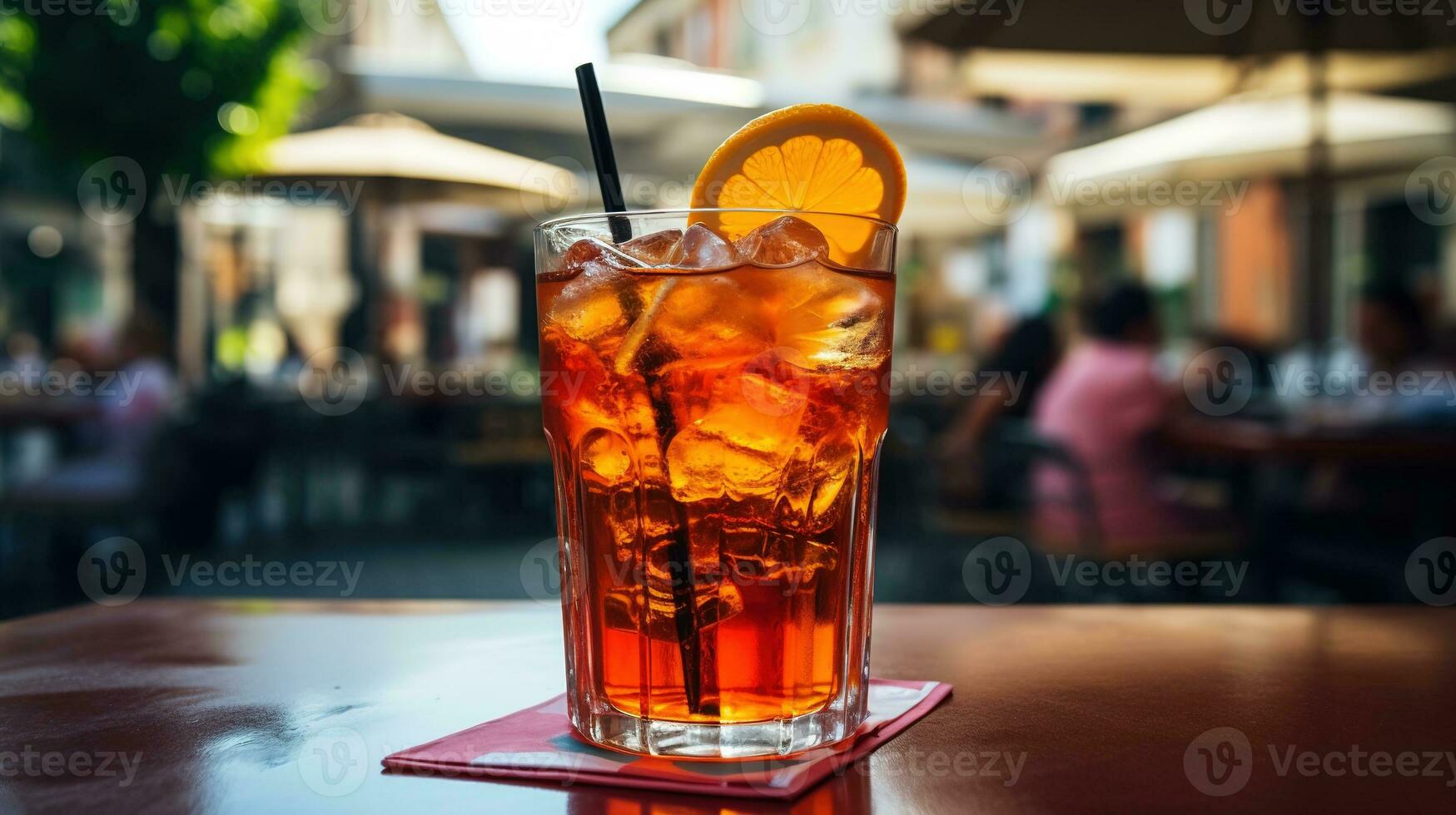 AI generated Generative AI, glass of Aperol Spritz on wooden table with blur background with lights of street bar, cafe or restaurant photo
