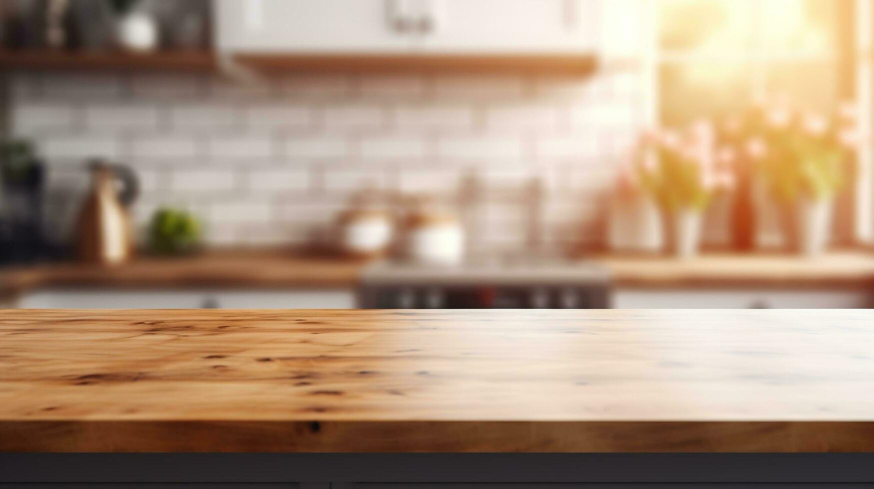 AI generated Generative AI, empty wooden tabletop on blurred modern kitchen background with copy space photo