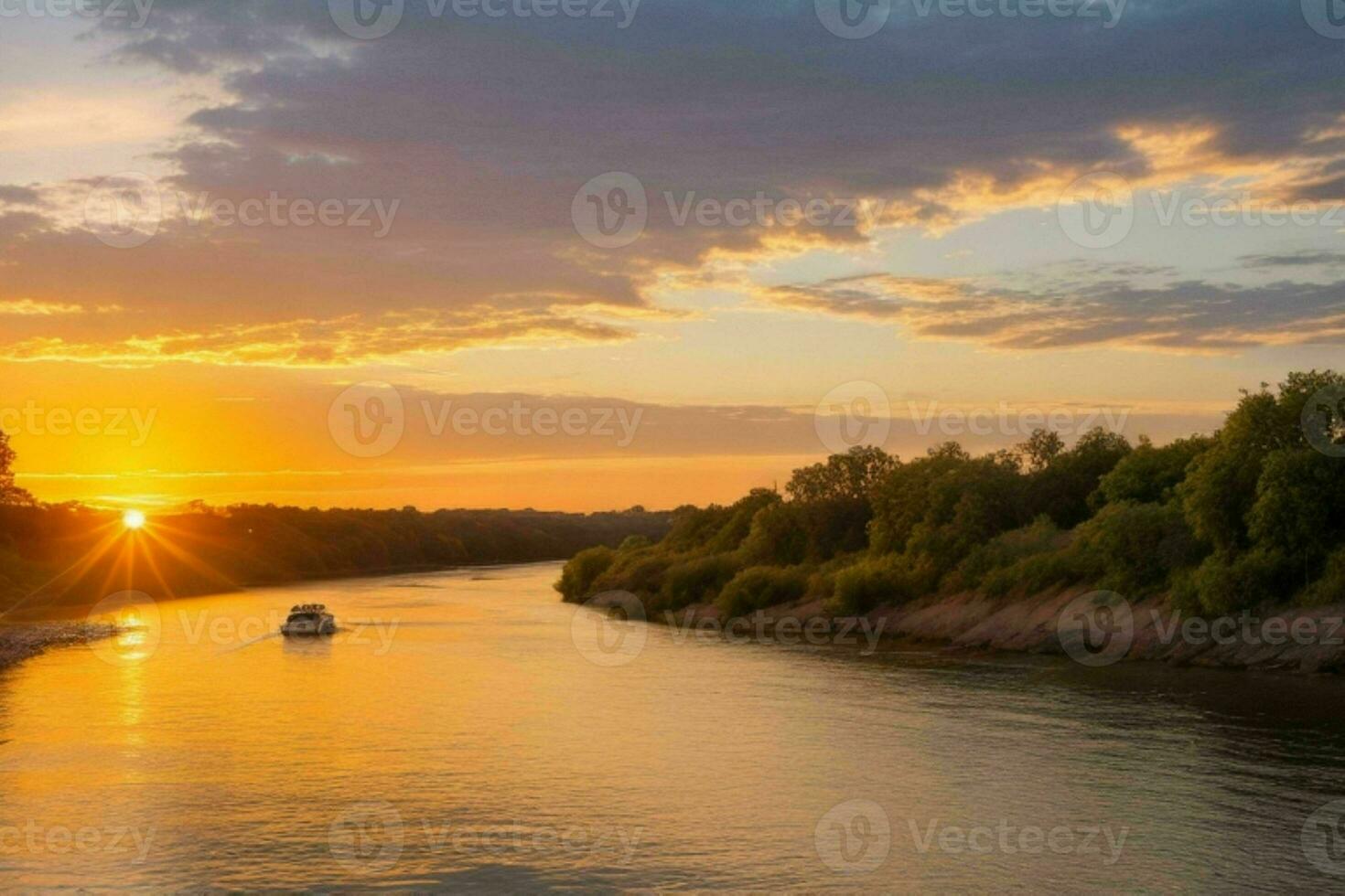 AI generated Golden hour sunset on the river. Pro Photo