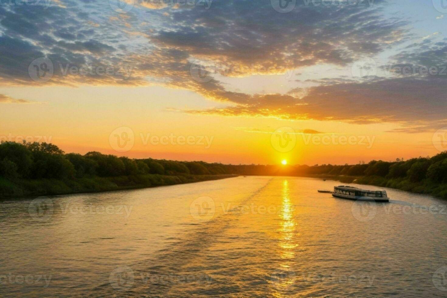 AI generated Golden hour sunset on the river. Pro Photo