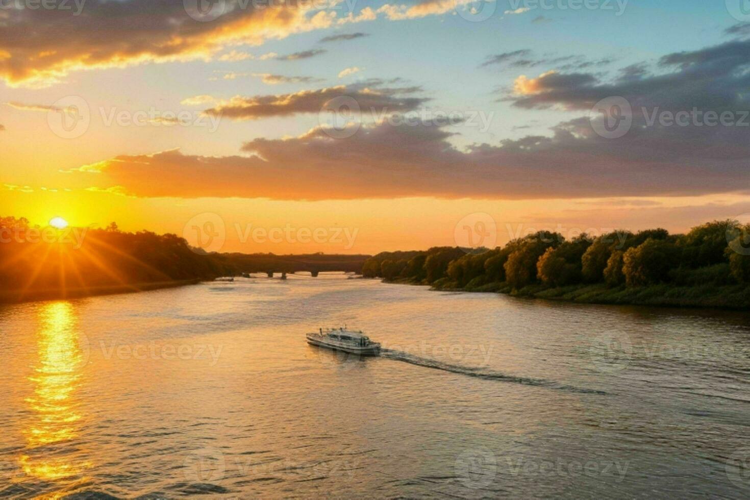 ai generado dorado hora puesta de sol en el lago. Pro foto