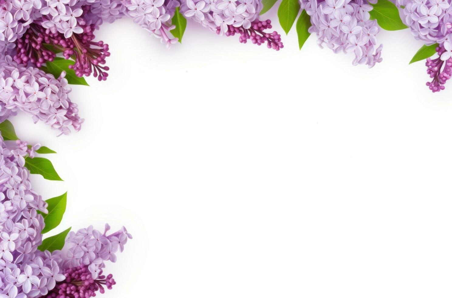 AI generated lilacs frame on a white background flower photo
