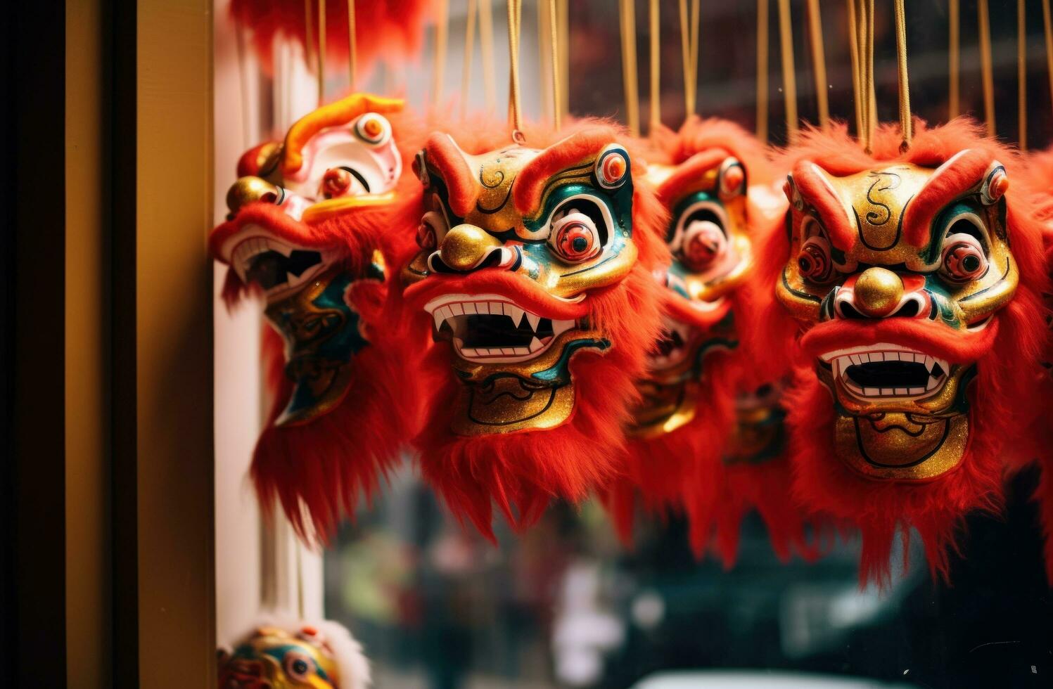 AI generated lion masks with red cloths hanging down photo
