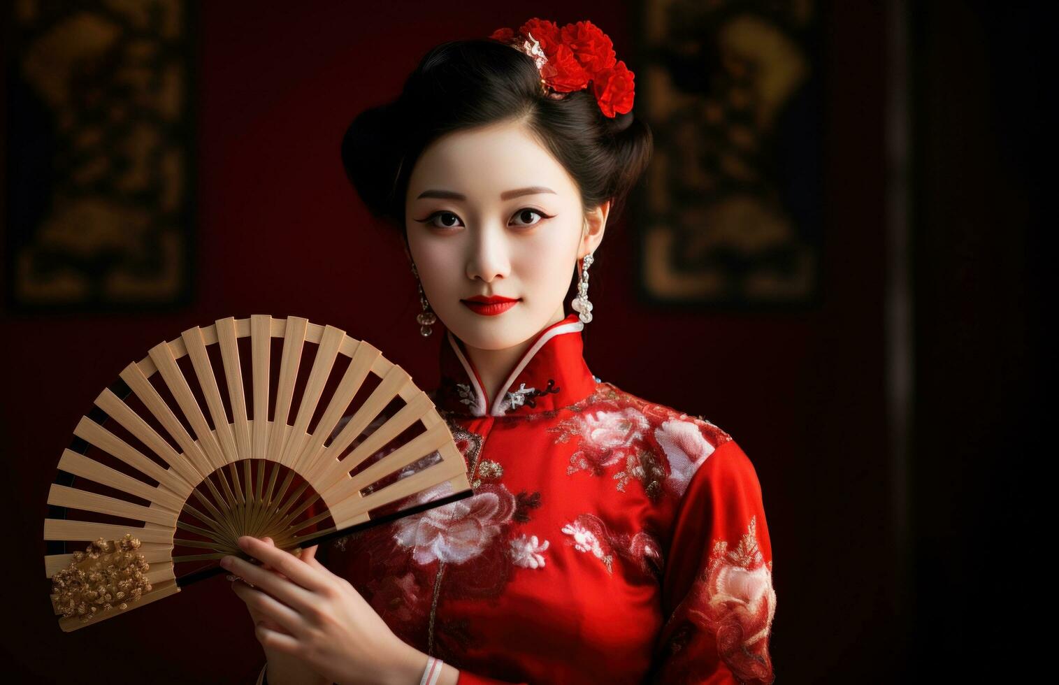 ai generado dama en tradicional chino vestir posando con ventilador foto