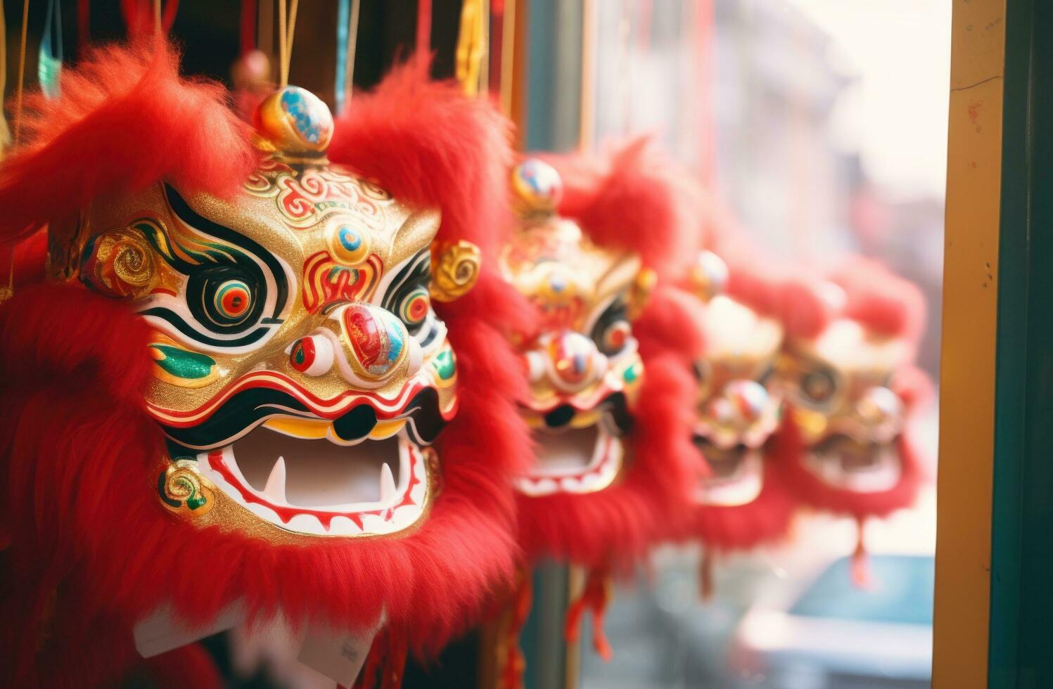 AI generated lion masks with red cloths hanging down photo