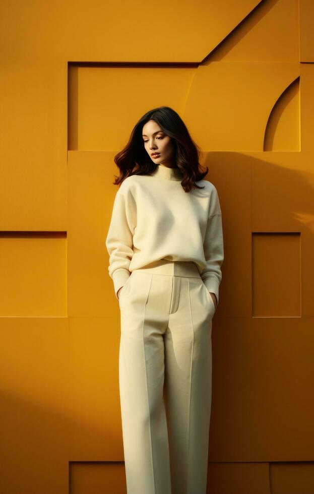 ai generado de punto suéter con largo cuerno pantalones marrón mujer en amarillo chaqueta en un pared foto