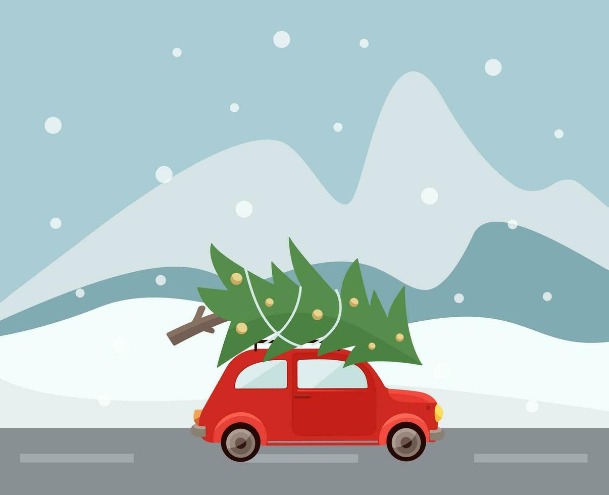 Vector Christmas and New Year card. Retro car with a Christmas tree on the roof. Template for greeting card, poster, banner, invitation design. Vector illustration.