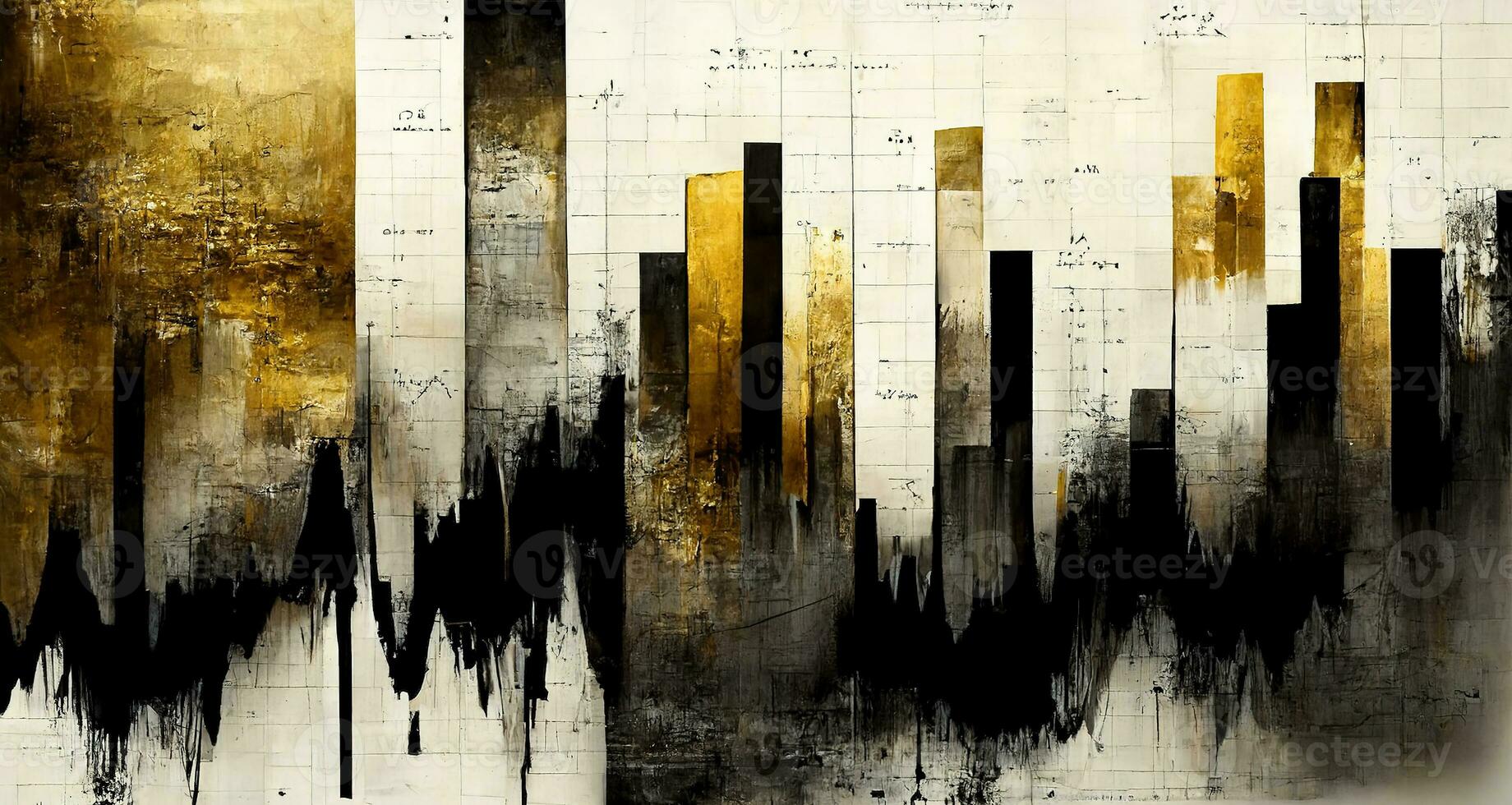 AI generated Generative AI, Black and golden watercolor abstract stock market charts painted background. Ink black street graffiti art on a textured paper vintage background, washes and brush strokes photo