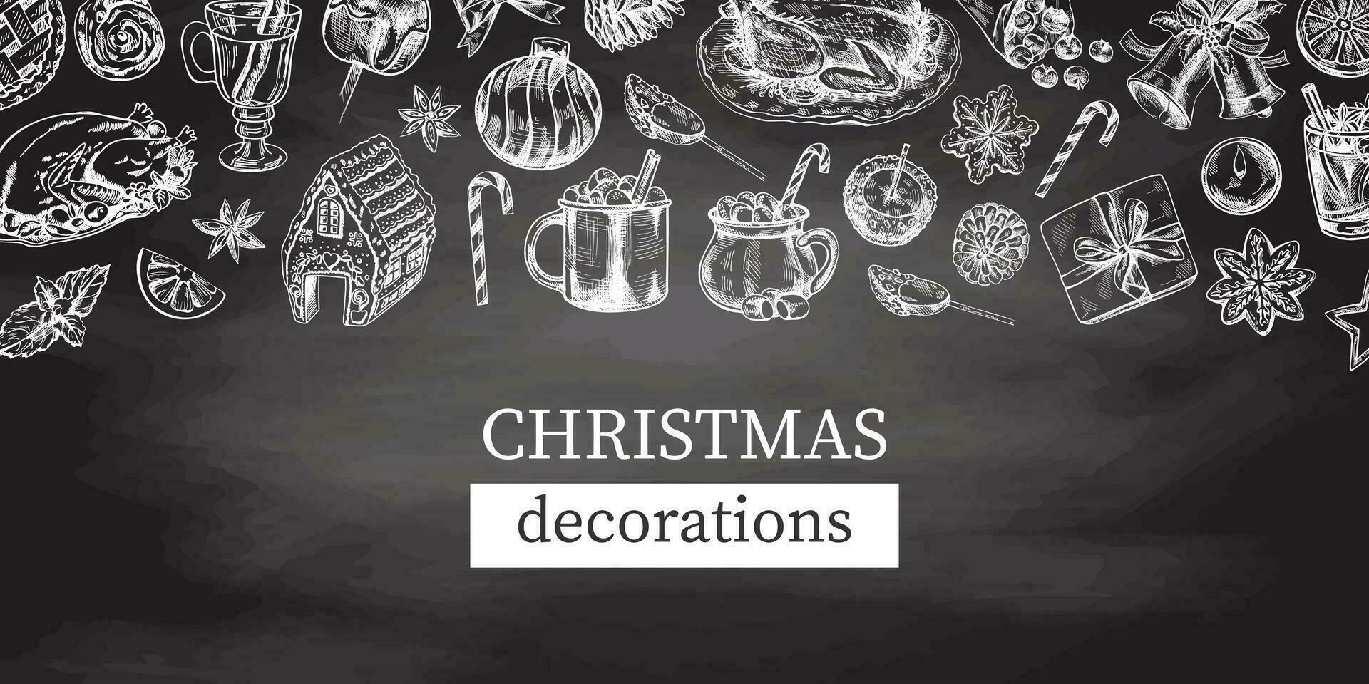 Hand-drawn Christmas template in sketch style. Wreath, gift, sweets, food, Christmas tree decor, drinks and spices on chalkboard background. Vintage design with an empty space. vector