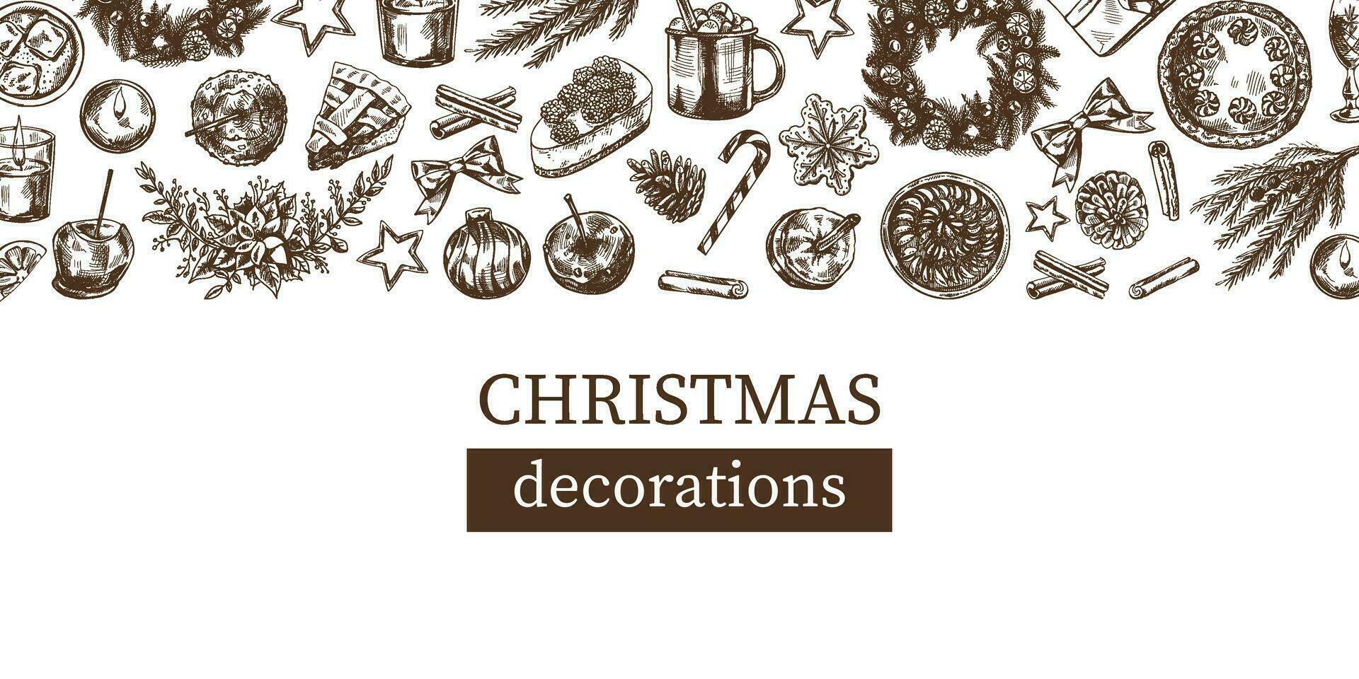 Hand-drawn Christmas template in sketch style. Festive decoration - wreath, gift, sweets, food, Christmas tree decor, drinks and spices sketches. Vintage design with an empty space. vector