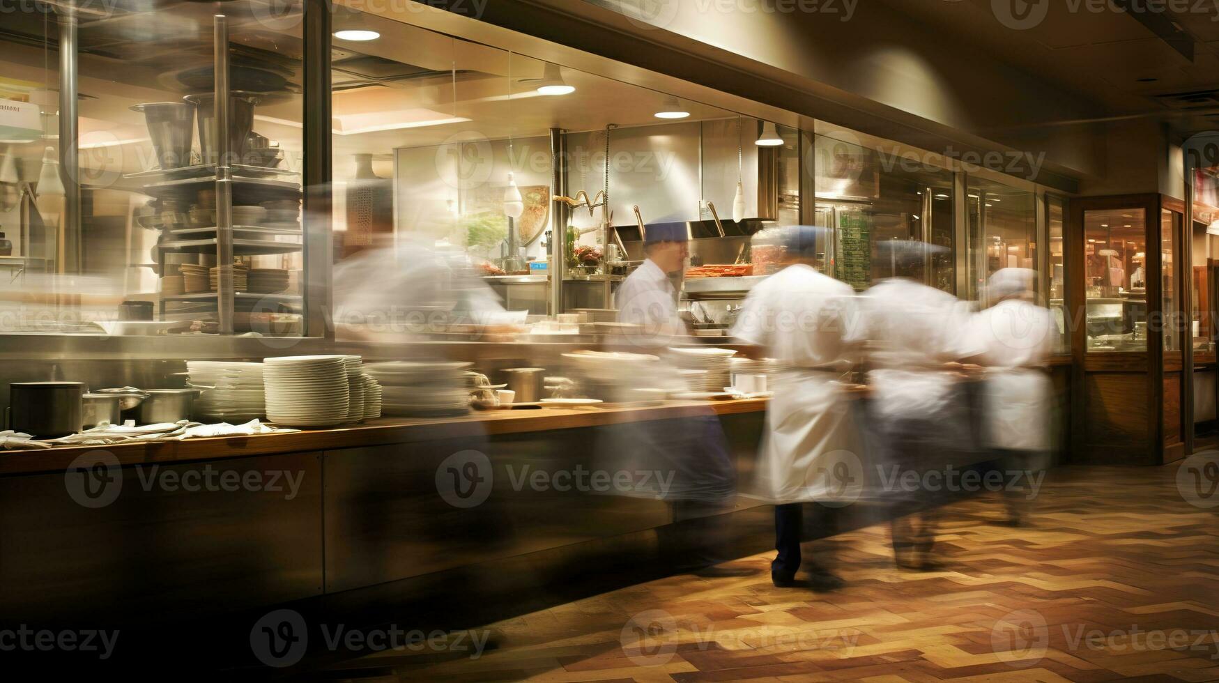 AI generated Generative AI, busy chefs working on the restaurant kitchen in motion blur, speed photo