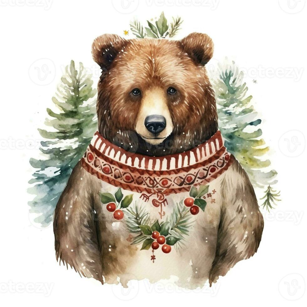 AI generated Generative AI, cute wild bear animal, Christmas hat and ugly sweaters, watercolor style. photo