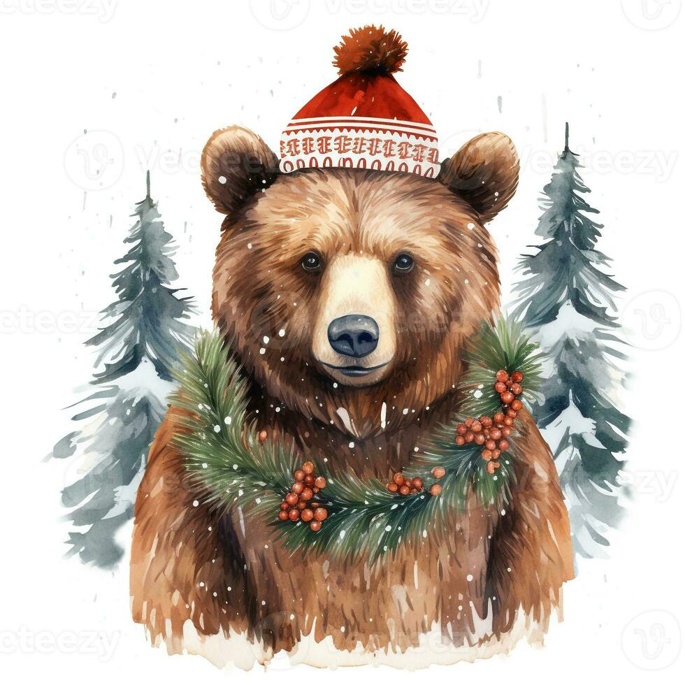 AI generated Generative AI, cute wild bear animal, Christmas hat and ugly sweaters, watercolor style. photo