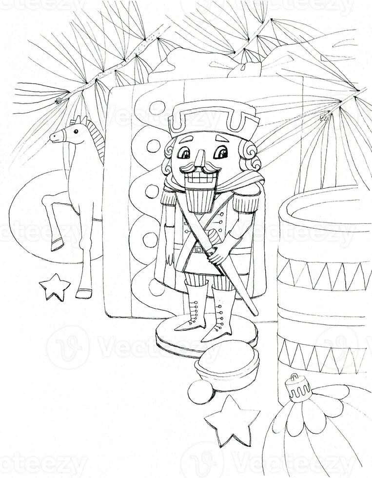Navidad colorante paginas cascanueces.tradicional nuevo año celebracion accesorios en blanco antecedentes foto