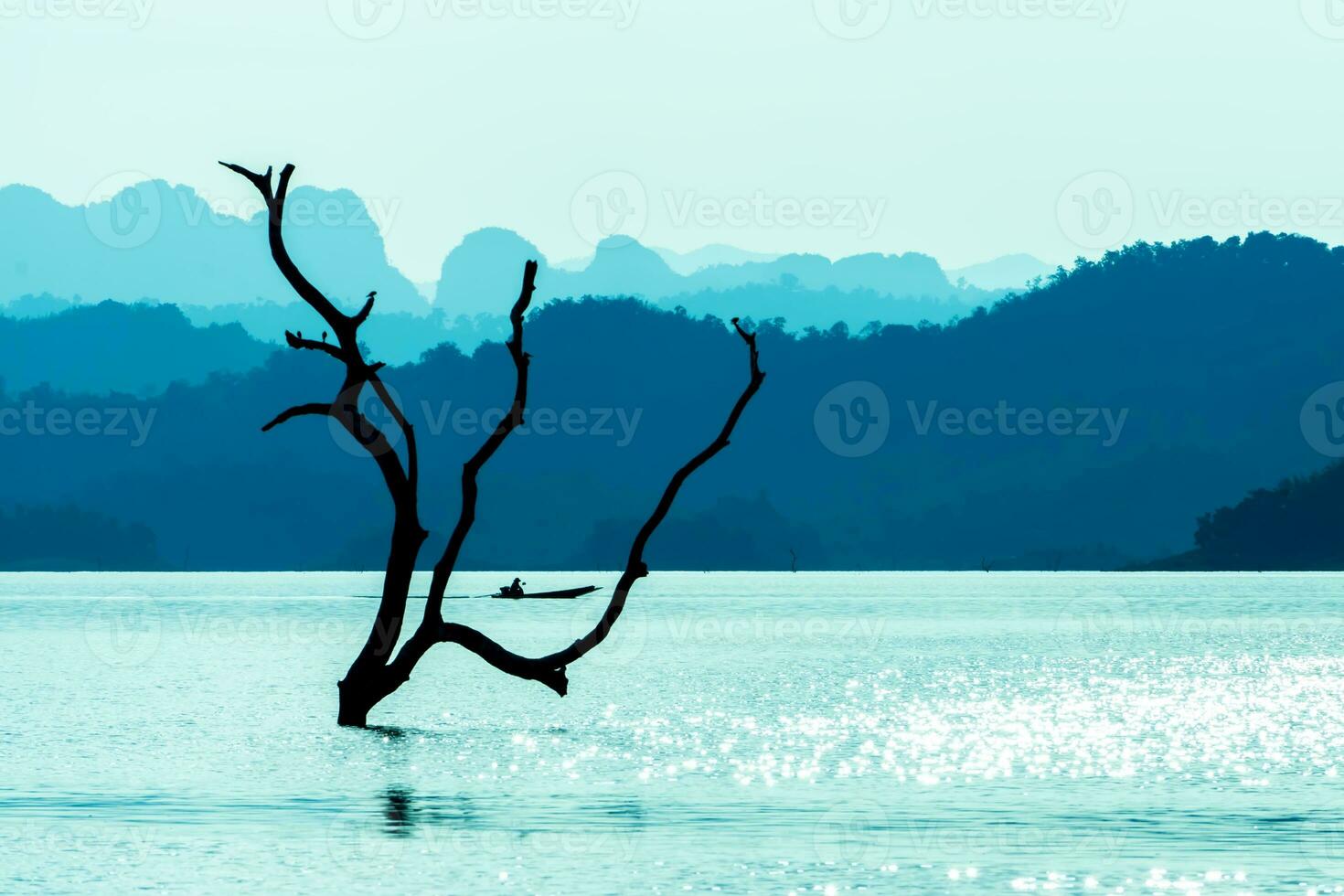 Branches in the lake with blue mountain. photo