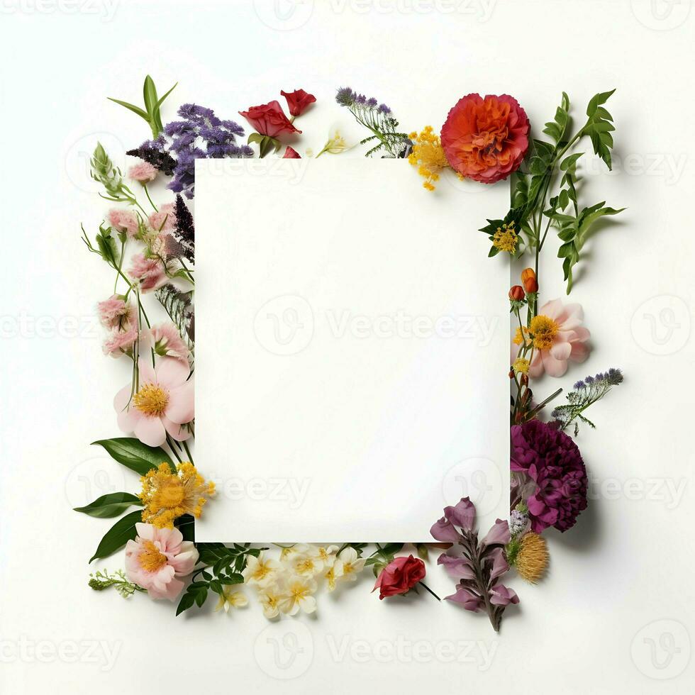 ai generado verano flores frontera invitación modelo tarjeta en un blanco antecedentes. alto calidad. ai generativo foto