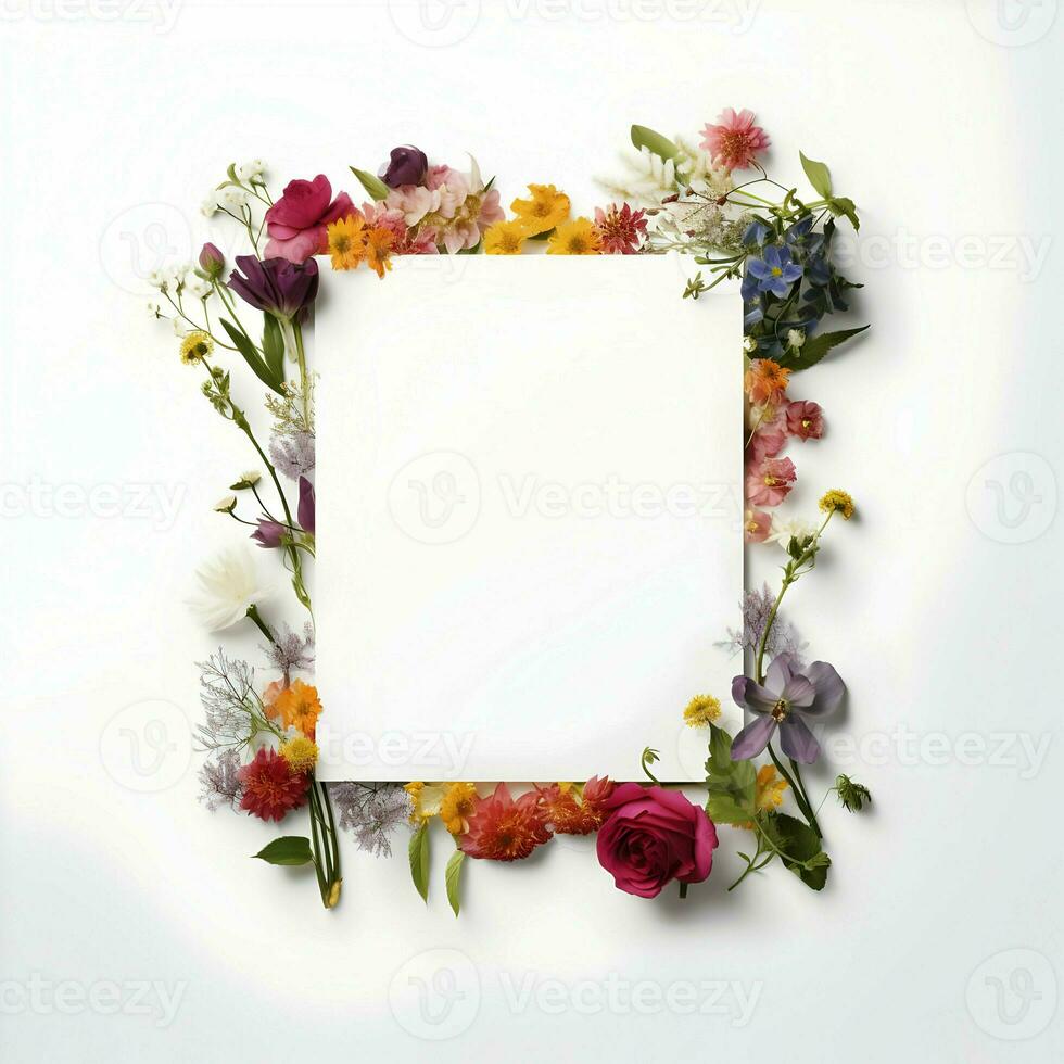 ai generado verano flores frontera invitación modelo tarjeta en un blanco antecedentes. alto calidad. ai generativo foto