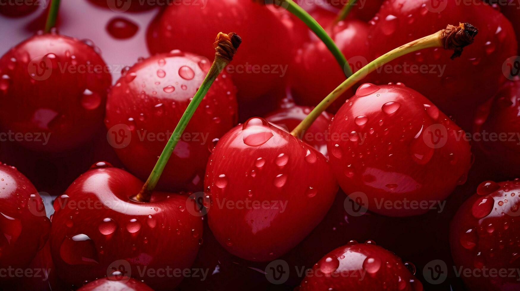 AI generated Cherry background. Close-up photoshoot of berries in droplets of water. High quality. AI Generative photo