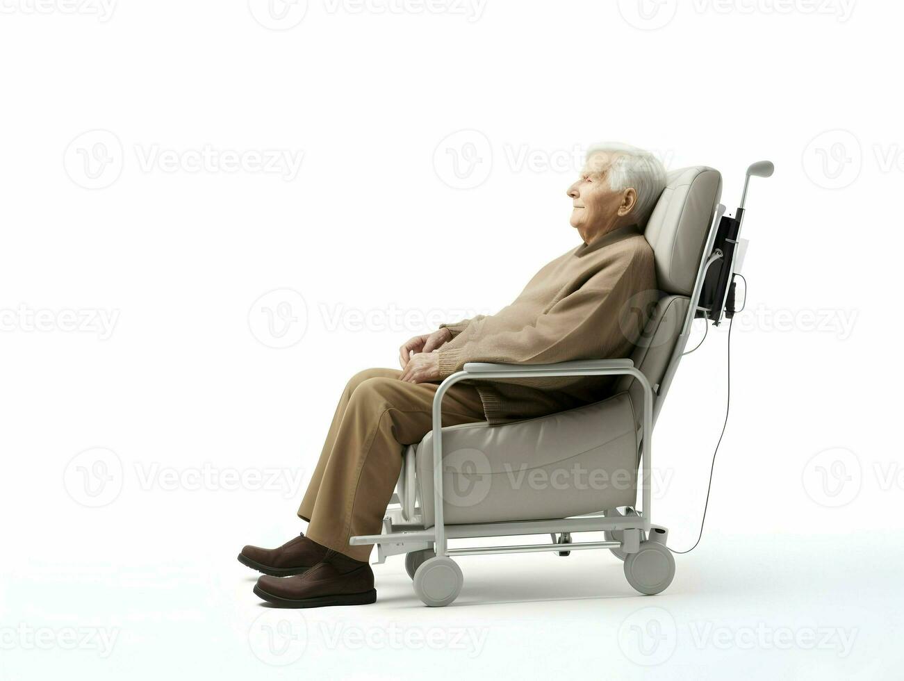 AI generated Grandfather sitting in a brown infusion chair isolated on a white background. High quality. AI Generative photo