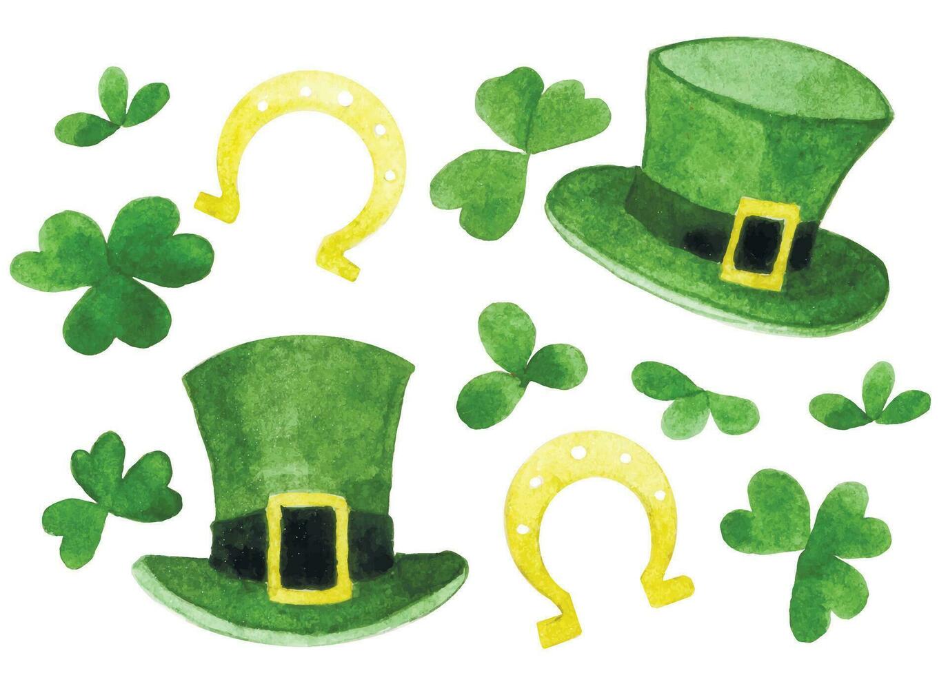 watercolor drawing, set of elements for St. Patrick's Day. green clover leaves, replicon hats, lucky horseshoes. vector