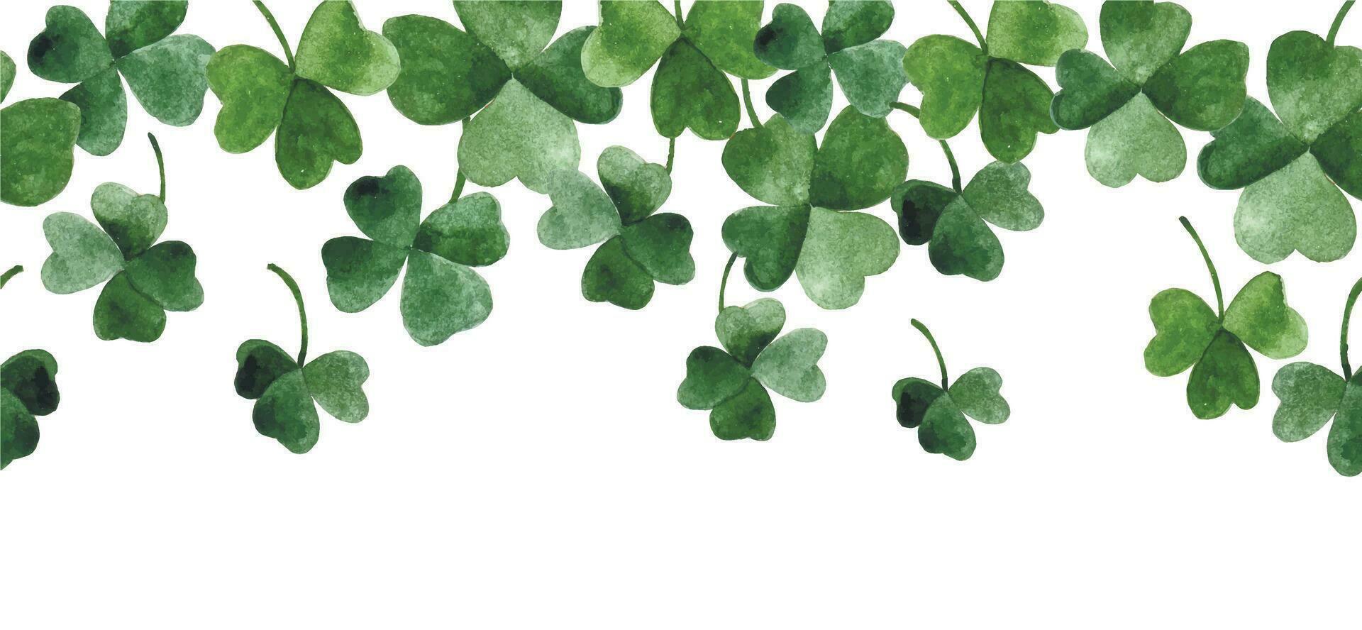 watercolor seamless border, frame of green four-leaf clover leaves. decoration for st. patrick's day. vector