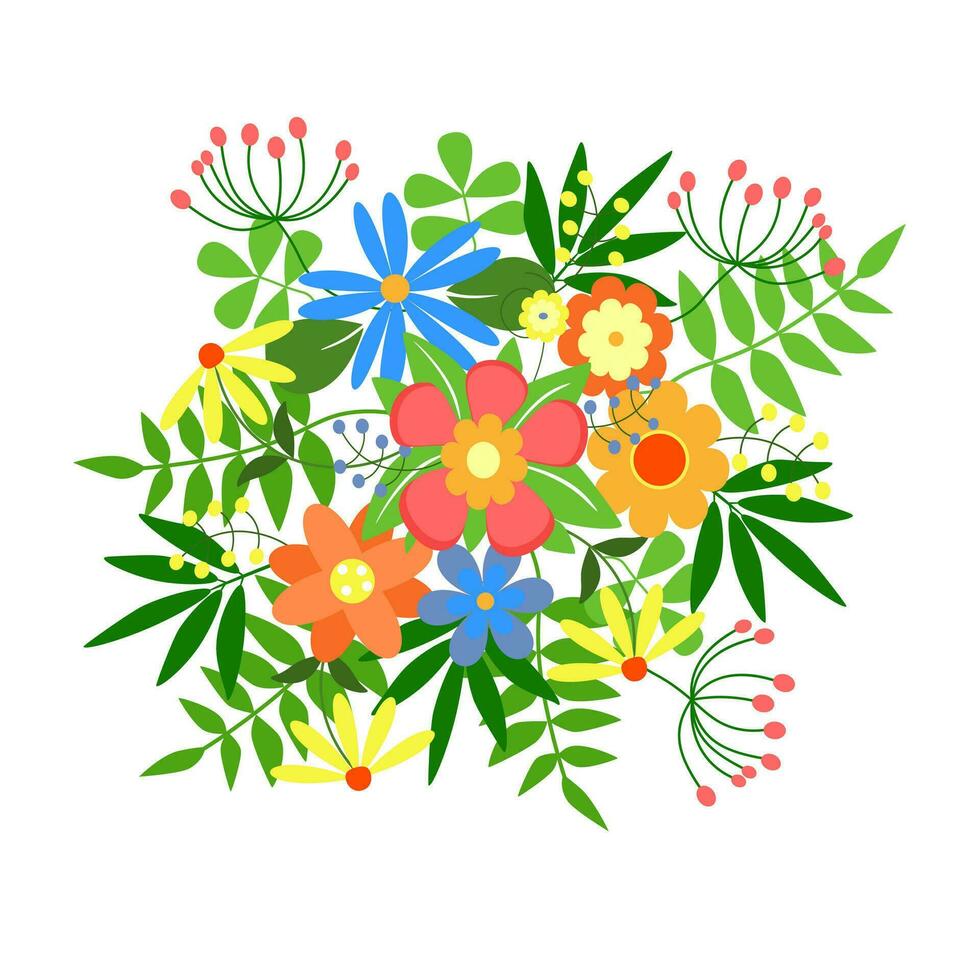 Vector illustration of flowers on a white background. A bouquet of wildflowers in the center of the illustration for decor and decoration.