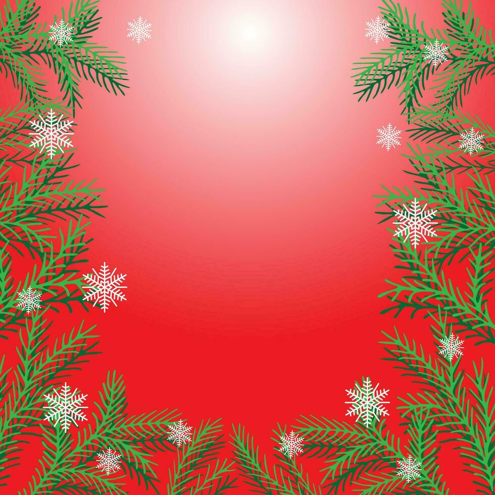 New Year vector background. Color illustration of New Year's fir branches and snowflakes on a red background. Frame for congratulations, cards and invitations.