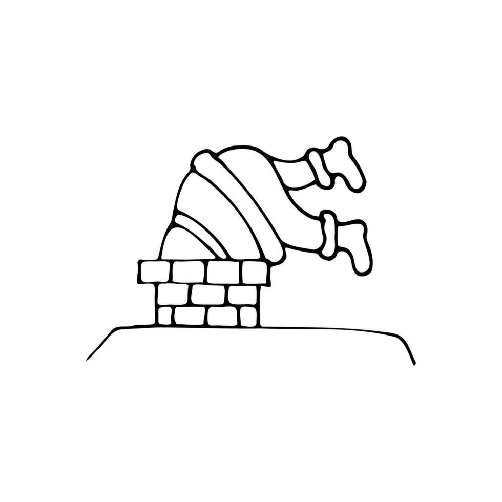Vector doodle illustration, hand drawn in cartoon style. Black and white linear drawing of Santa Claus on the roof in a chimney.