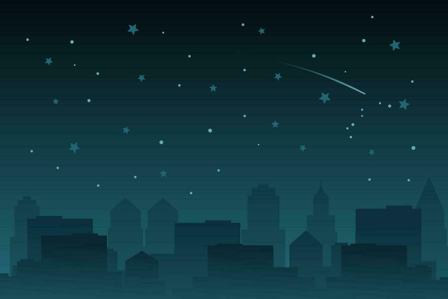 Night cityscape. Night city vector illustration with tall buildings, stars, and shooting star.