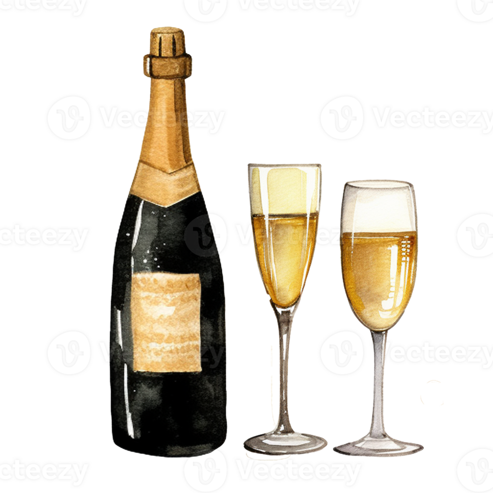 AI generated Champagne bottle with glass ,watercolor isolated on transparent  background. Ai Generate png