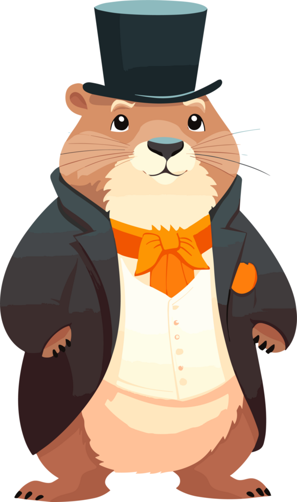 ai généré mignonne marmotte dans smoking costume et chapeau dessin animé png