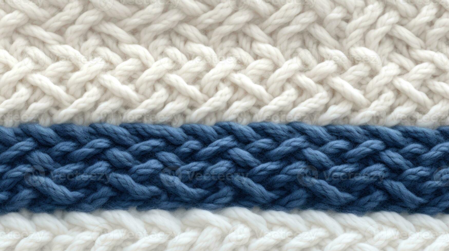 AI generated Macro photography of the texture of a knitted pattern in close-up, white and blue colors photo