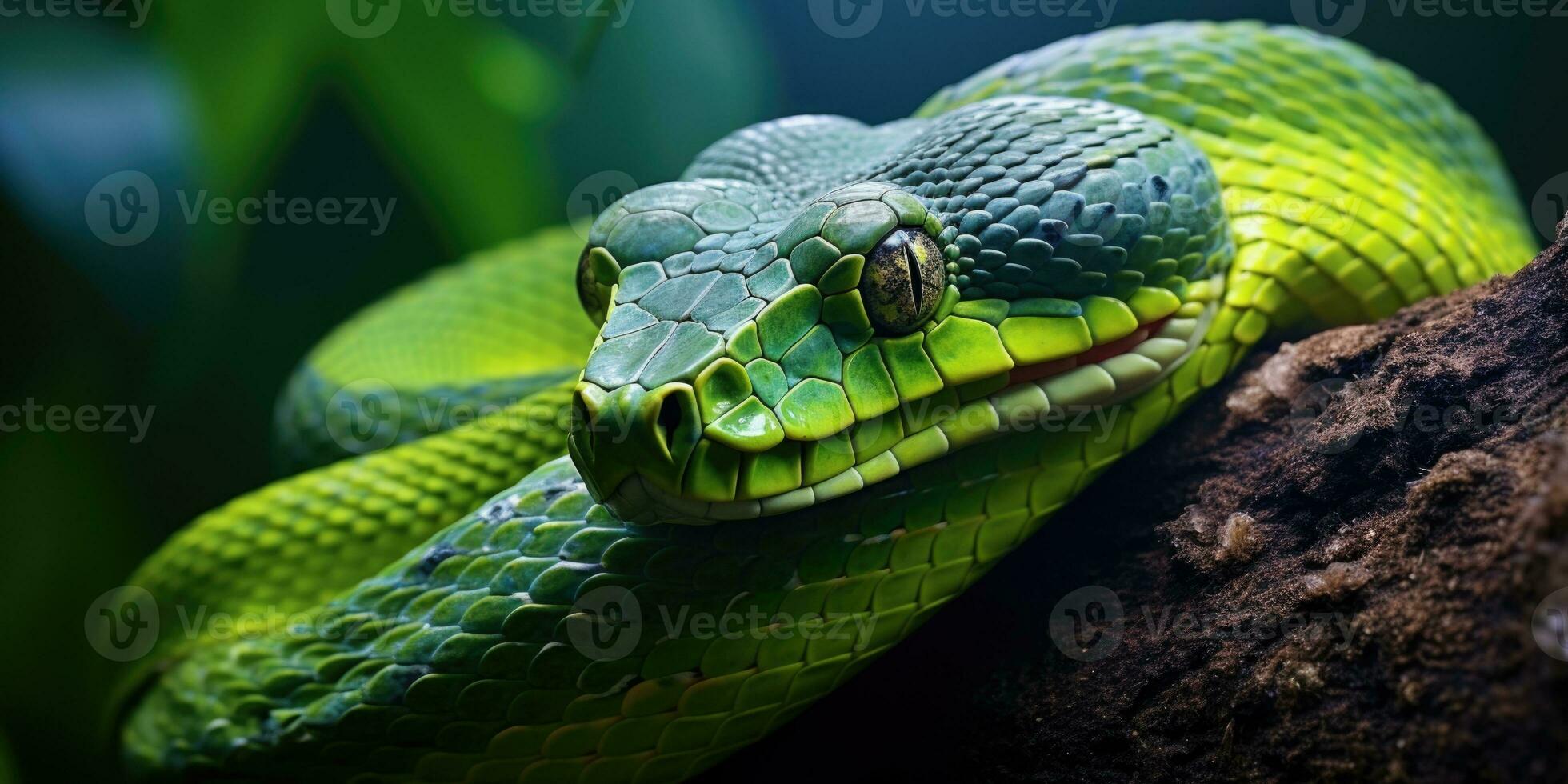 AI generated Green venomous snake on the tree photo