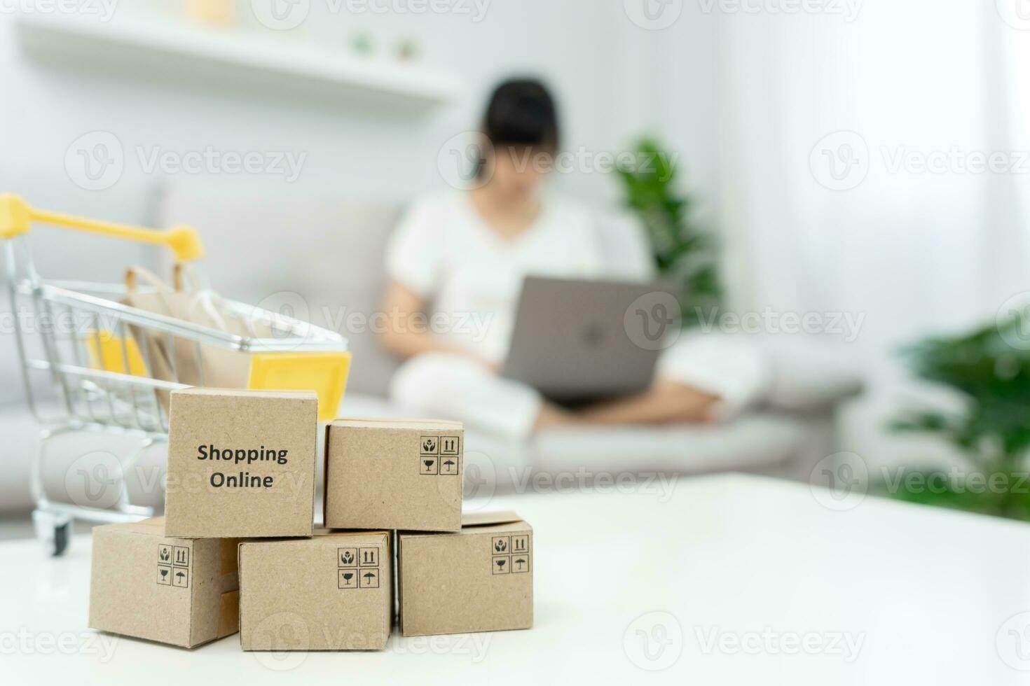 woman using computer for online shopping at home. stay home, technology, electronic commerce, internet, market place, final or summer or big sale, payment, discount for credit, offer, Low price photo